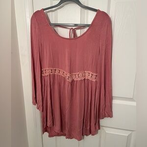 POL Lace Babydoll Top Womens Small Dark Pink Lace Zip Up And Tie In Back NWOT